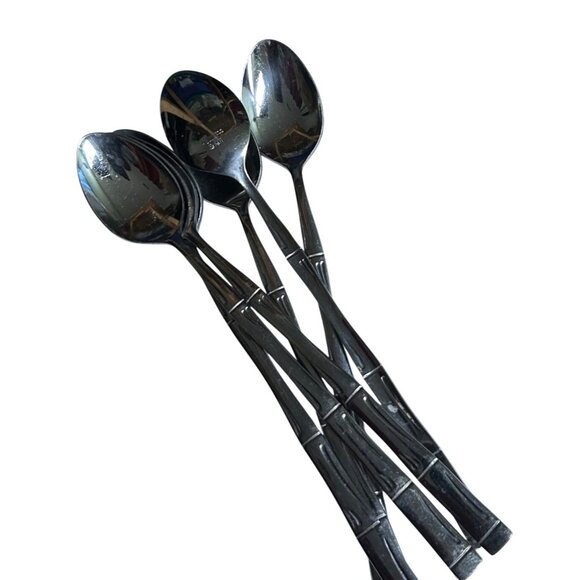 Set Of 6 Stainless Steel Spoons W/Bamboo Design From Japan Elegant Sophisticated - Picture 8 of 11